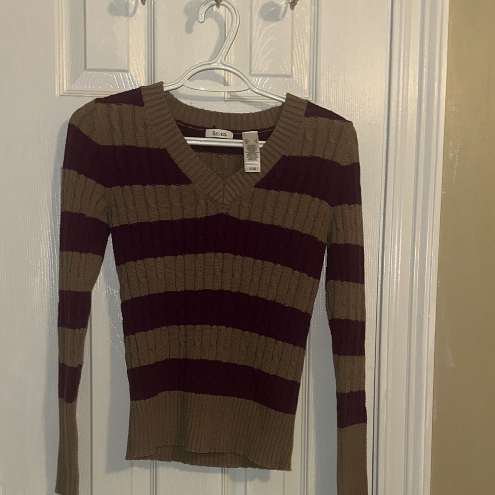 liz & co. V-Neck Sweater - Purple and Tan Stripes